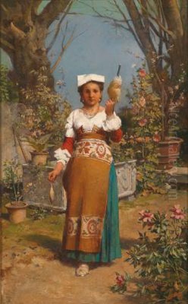 Ragazza Italiana Con Conocchia Oil Painting by Julius Victor Berger