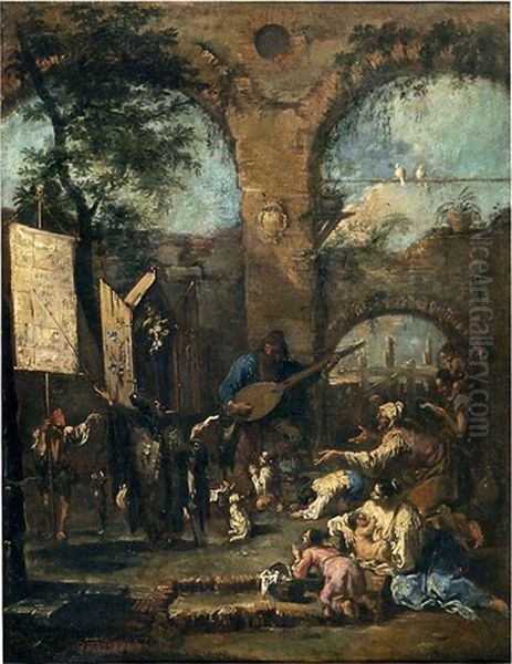 Chanteur Ambulant Et Gens Du Peuple Parmis Des Ruines Oil Painting by Alessandro Magnasco