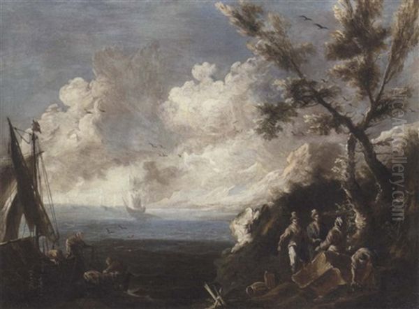 A Coastal Landscape With Fishermen And Other Figures Oil Painting by Alessandro Magnasco