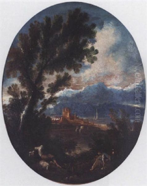 An Italianate Landcape With Travellers, With A Range Of Mountains Beyond Oil Painting by Alessandro Magnasco