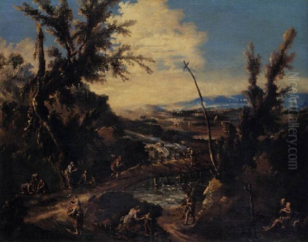 An Extensive Wooded Landscape With A Hermit, Travellers And Other Figures By A River With A Bridge Oil Painting by Alessandro Magnasco