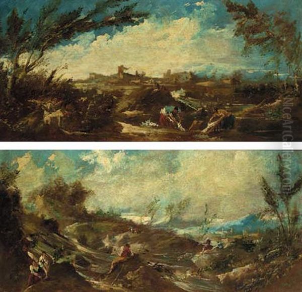 An Extensive Landscape With Washerwomen By A River Oil Painting by Alessandro Magnasco