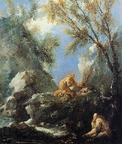 Paesaggio Boscoso E Roccioso Con Due Monaci Camaldolesi In Meditazione Oil Painting by Alessandro Magnasco