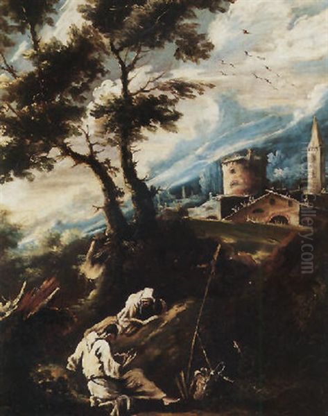 A Landscape With Two Monks Resting Before Some Trees, A Monastery Beyond Oil Painting by Alessandro Magnasco