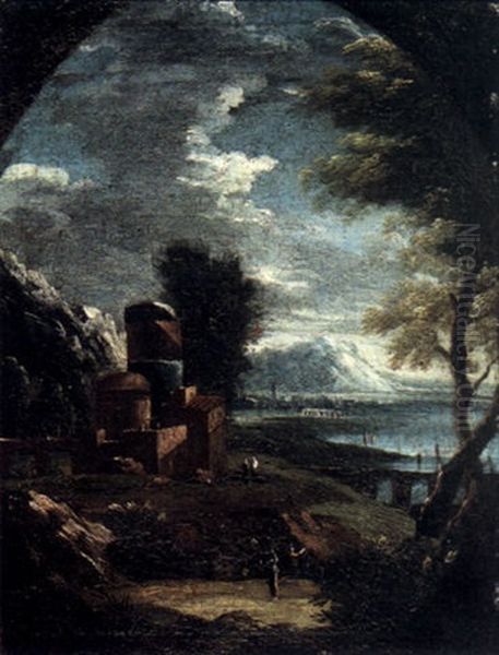 A Capriccio Landscape With Ruins By A Lake And Figures In The Foreground Oil Painting by Alessandro Magnasco