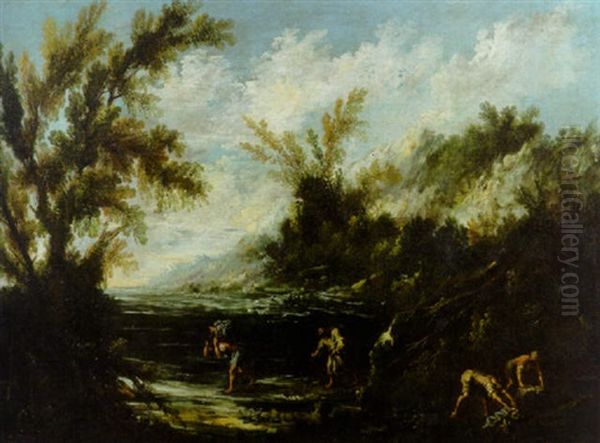 A Mountainous River Landscape With A Capuchin Friar And Travelling Attendants Oil Painting by Alessandro Magnasco