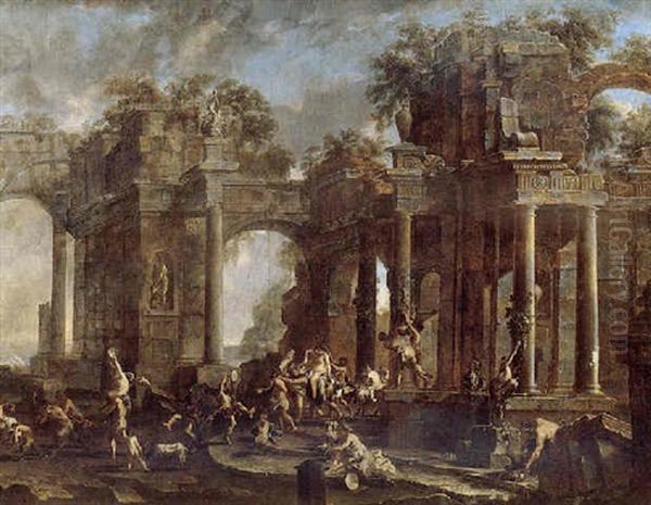 An Architectural Capriccio With A Bacchanalian Scene Oil Painting by Alessandro Magnasco