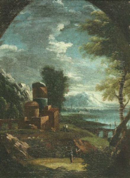 A Capriccio Landscape With Ruins By A Lake And Figures In The Foreground Oil Painting by Alessandro Magnasco