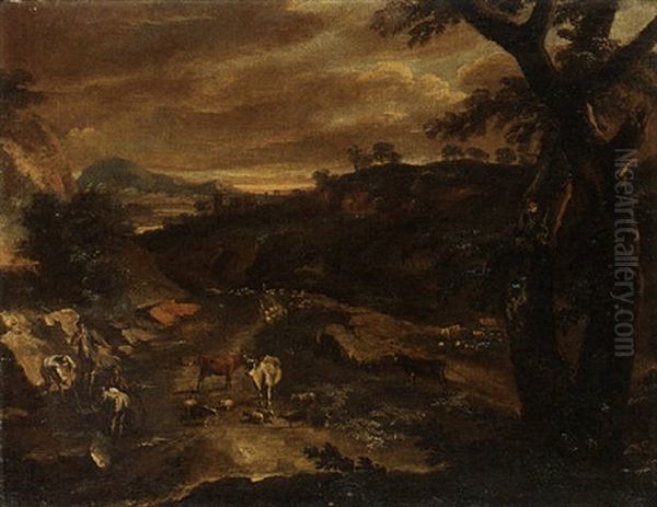 A Wooded Landscape With Peasants, Cattle And Sheep Oil Painting by Alessandro Magnasco