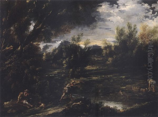 Landscape With Hunters And A Washerwoman Oil Painting by Alessandro Magnasco