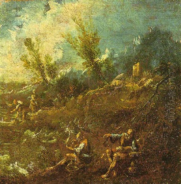 Paesaggio Con Figure Sulla Riva Di Un Fiume Oil Painting by Alessandro Magnasco