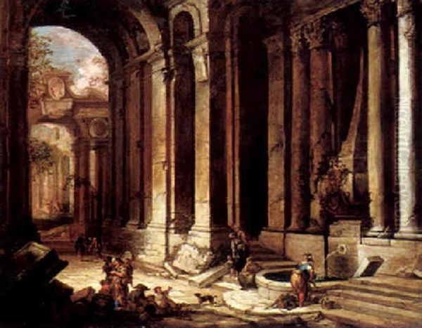 An Architectural Capriccio With Figures Resting In The Foreground Oil Painting by Alessandro Magnasco