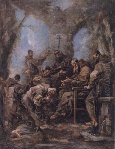 Franciscan Monks Before The Abbot Amongst Ruins Oil Painting by Alessandro Magnasco