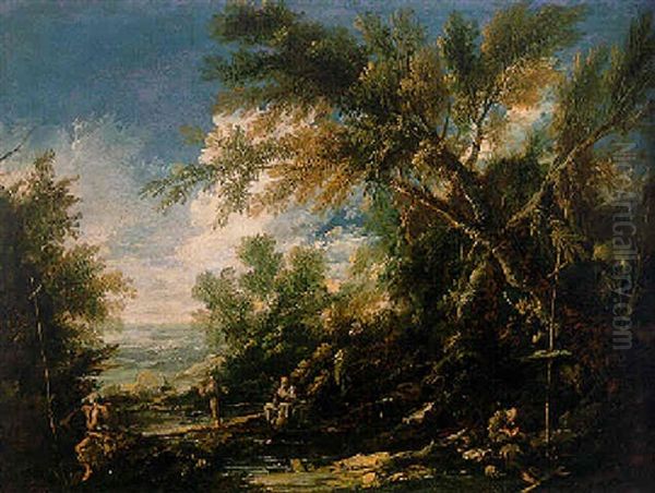 A Wooded River Landscape With Monks At Prayer Oil Painting by Alessandro Magnasco