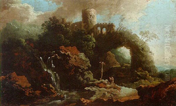 A Hermit Saint At Prayer In A Rocky River Landscape Oil Painting by Alessandro Magnasco