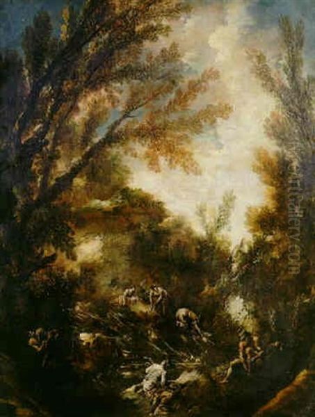 Wooded Landscape With Washerwomen And Anglers Oil Painting by Alessandro Magnasco