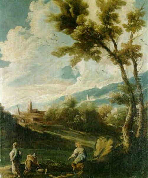 A Wooded River Landscape With An Angler And Two Washerwomen Oil Painting by Alessandro Magnasco