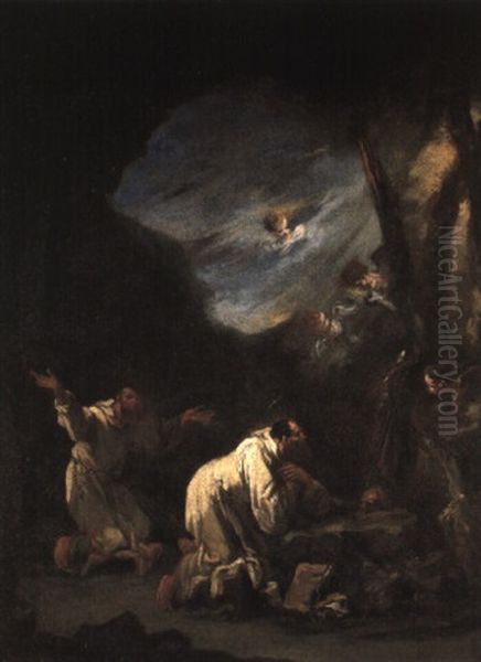 Carthusian Monks Praying At A Wayside Shrine Oil Painting by Alessandro Magnasco