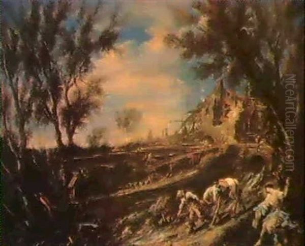 Paesaggio Con Un Cavaliere Lungo Un Torrente E Una          Pastorella Seduta Sotto Un Albero Oil Painting by Alessandro Magnasco