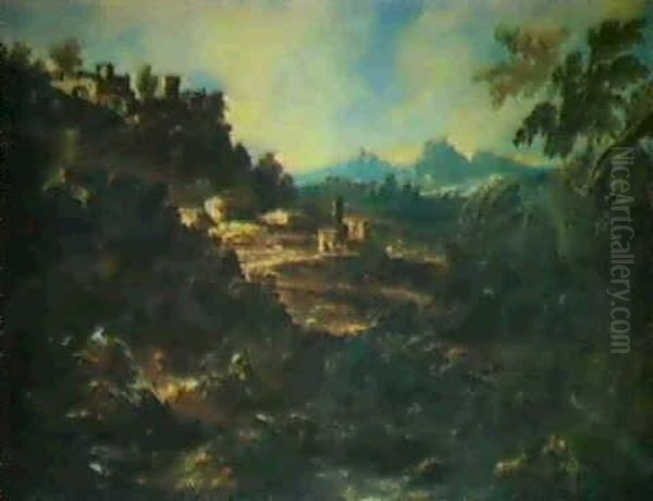 Bergers Se Reposant Devant Leur Hameau; Et Animation Au     Bord De L'eau, Pres D'un Village Oil Painting by Alessandro Magnasco