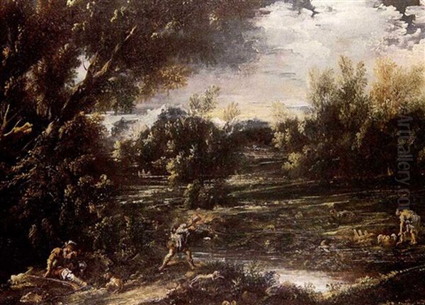 Wooded River Landscape With Hunters And Washerwoman Oil Painting by Alessandro Magnasco