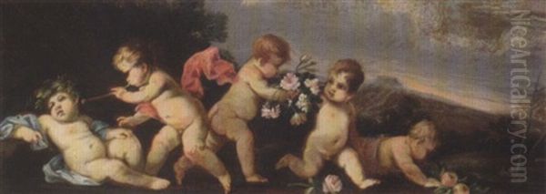 Landscape With Putti Disporting Oil Painting by Stefano Magnasco