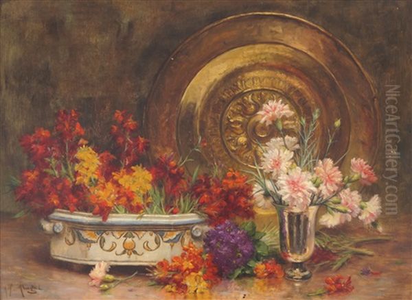 Still Life Of Flowers Oil Painting by Alfred Magne