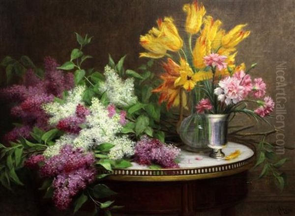 Still Life Of Flowers On A Table Top Oil Painting by Alfred Magne