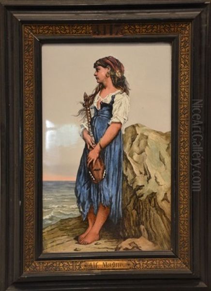 Jeune Fille A La Mandoline Oil Painting by Desire Alfred Magne