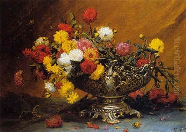 Brassee De Dahlias Dans Une Jardiniere En Argent Oil Painting by Desire Alfred Magne