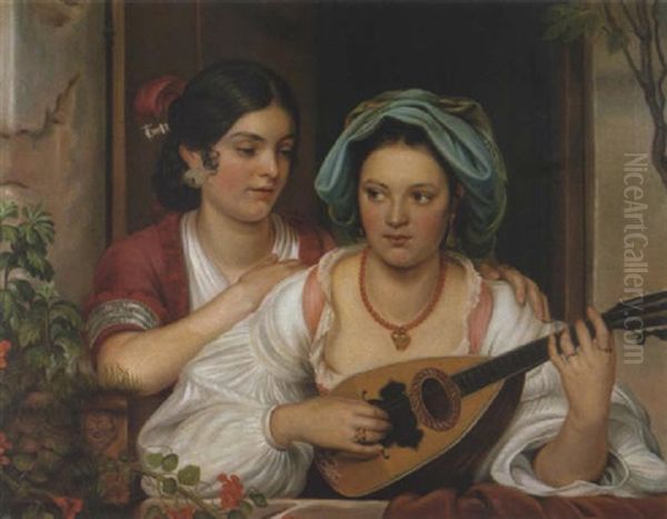 Zwei Neapolitanerinnen Mit Mandoline Oil Painting by Eduard Magnus