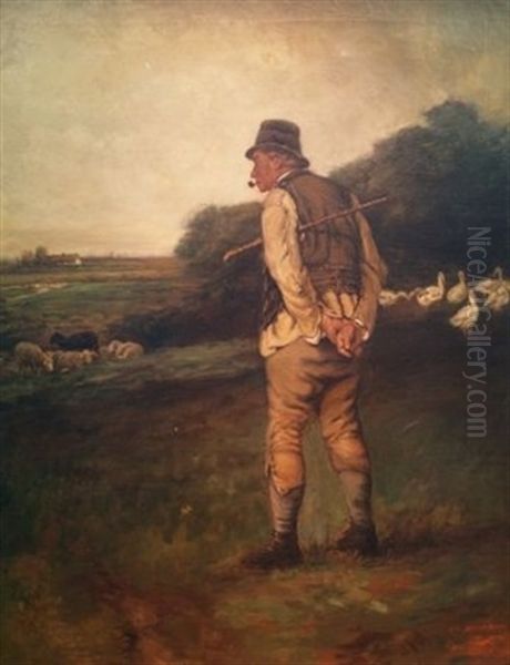 The Shepherd Surveying His Flock (by J.l. Brockbank) Oil Painting by William Magrath