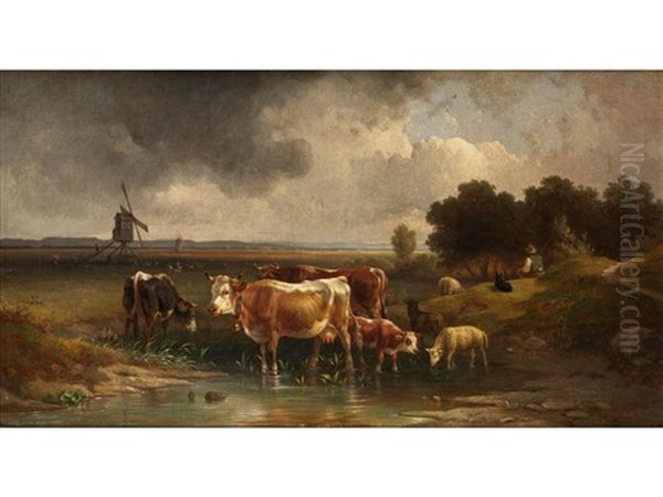 Rinder, Schafe Und Hirte In Einer Landschaft Oil Painting by Edmund Mahlknecht