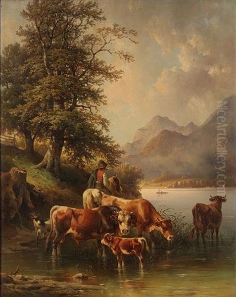 Reitender Hirte Mit Kuhen An See Oil Painting by Edmund Mahlknecht