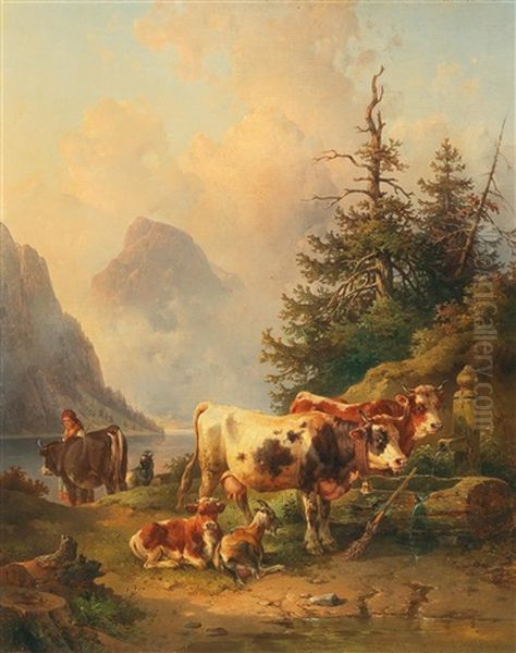 Herd Of Animals With Shepherdess On The Lakeside Oil Painting by Edmund Mahlknecht