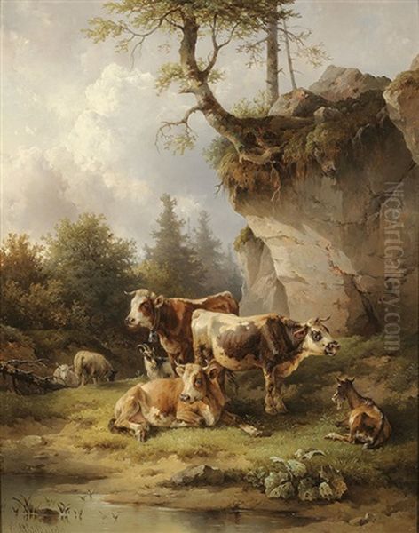 Cows, Goats And Sheep By A Brook Oil Painting by Edmund Mahlknecht