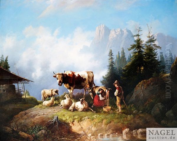 Hirtenkinder Mit Tierherde Im Hochgebirge Oil Painting by Edmund Mahlknecht