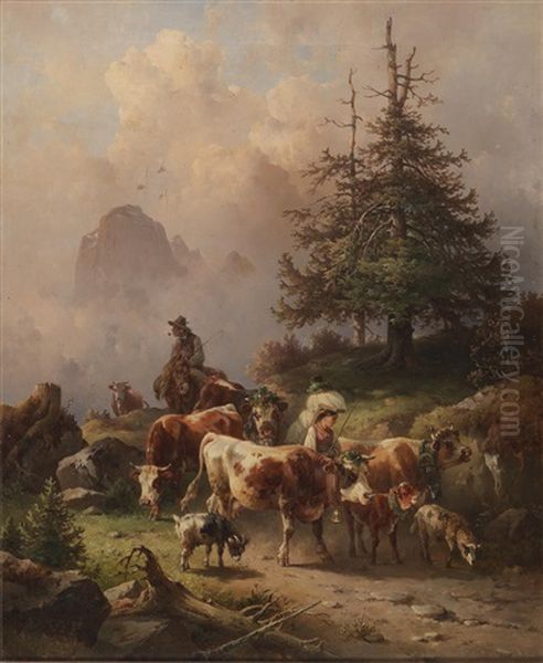 Driving The Cattle Down From The Alpine Pastures Oil Painting by Edmund Mahlknecht