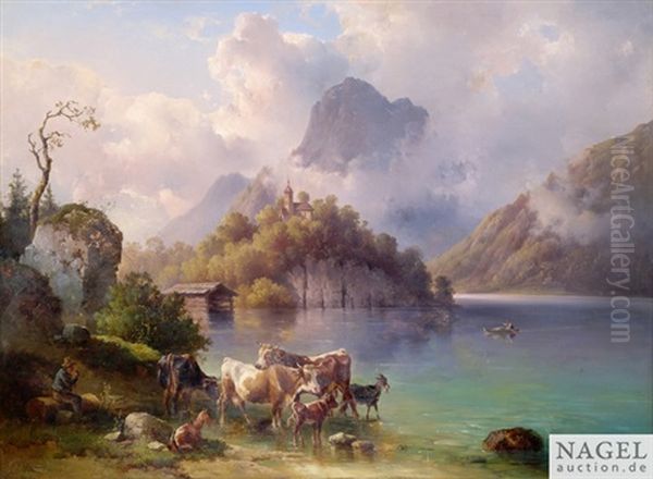 Landschaft Am Traunsee Mit Dem Johannesberg Und Der Johannesbergkapelle In Oberosterreich Oil Painting by Edmund Mahlknecht