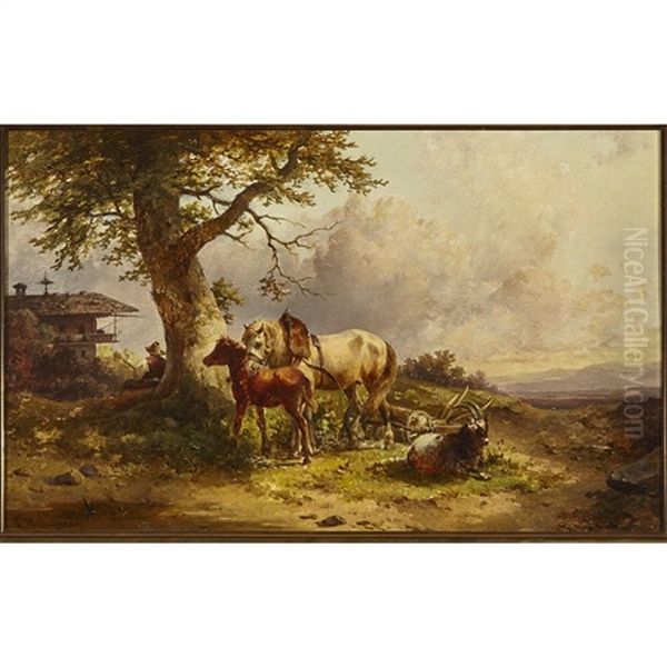 Two Horses And A Goat With Herder Fishing Nearby Oil Painting by Edmund Mahlknecht