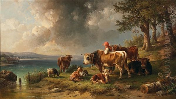 Herd Of Cattle With Herdswoman By The Lakeshore Oil Painting by Edmund Mahlknecht