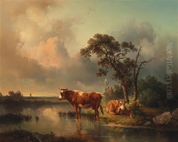 Cows Resting By The Pond Oil Painting by Edmund Mahlknecht