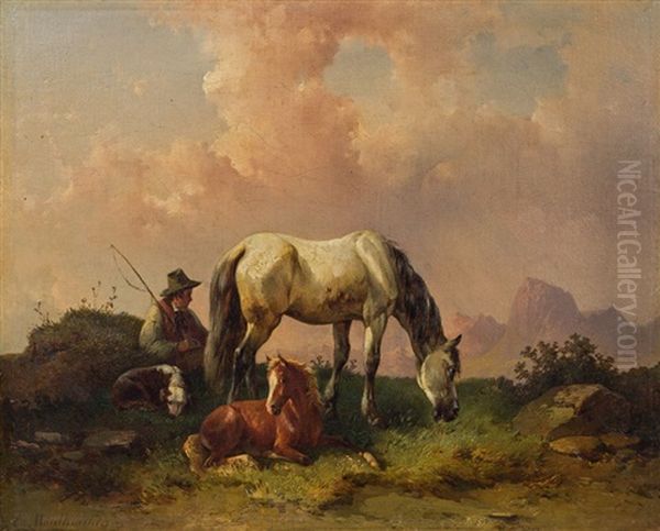 Stute Mit Fohlen Auf Der Weide Oil Painting by Edmund Mahlknecht