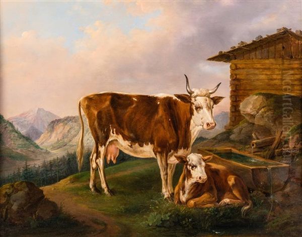 Kuhe Bei Der Tranke Oil Painting by Edmund Mahlknecht