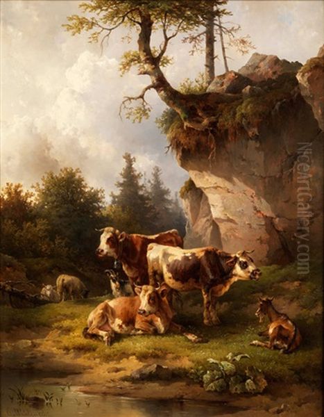 Kuhe, Schafe Und Ziegen Am Bachufer Oil Painting by Edmund Mahlknecht