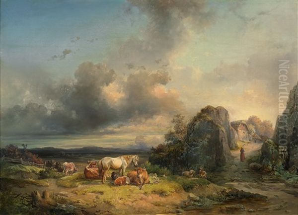 Tierherde Vor Weitem Landschaftshintergrund Oil Painting by Edmund Mahlknecht