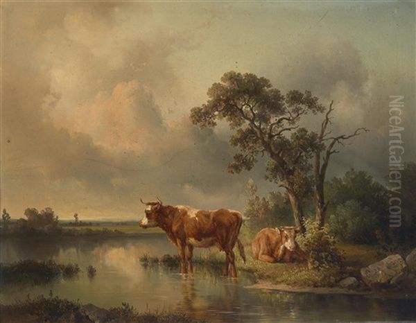 Rastende Kuhe Am Weiher Oil Painting by Edmund Mahlknecht