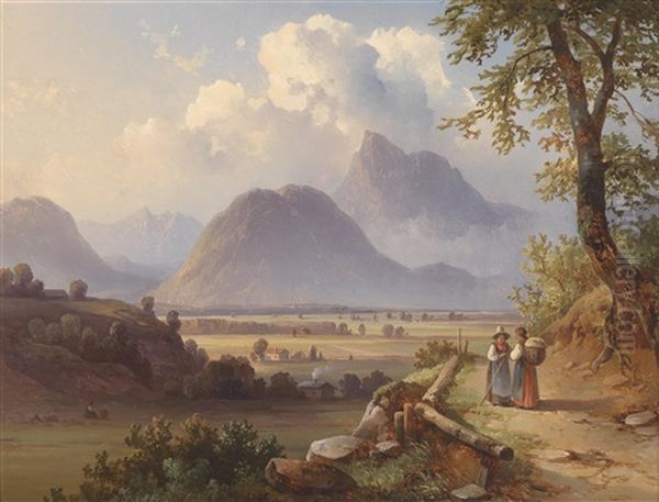 Blick Vom Fuse Des Monchsberg Auf Den Hohenstaufen, Davor Der Fuderheuberg Oil Painting by Edmund Mahlknecht