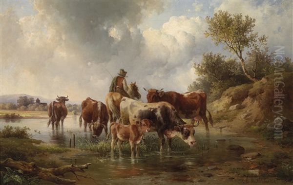 Kuhe Mit Hirten An Der Furt Oil Painting by Edmund Mahlknecht