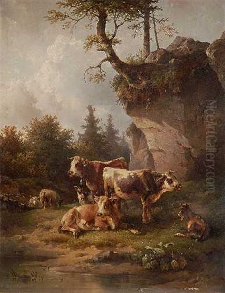 Kuhe, Ziegen Und Schafe Am Bachufer Oil Painting by Edmund Mahlknecht